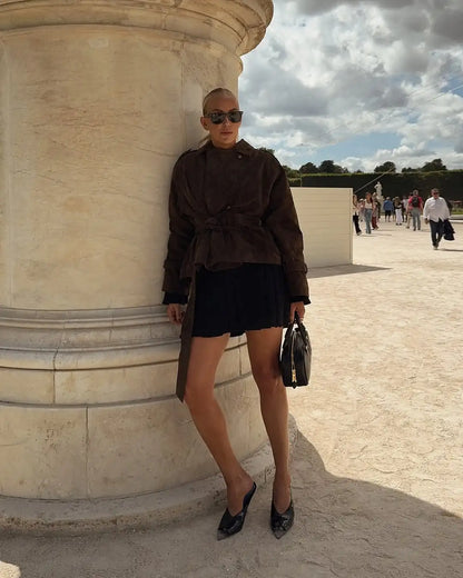 Brown Suede Cinched-waist Coat