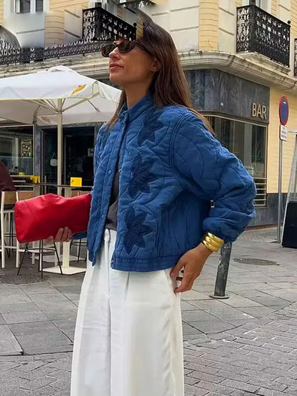 Quilted Floral Embroidery Bomber