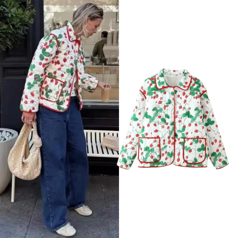 Strawberry Print Puffer Jacket