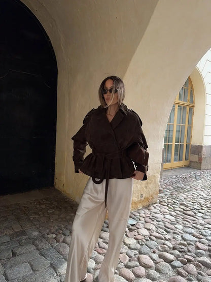 Brown Suede Cinched-waist Coat