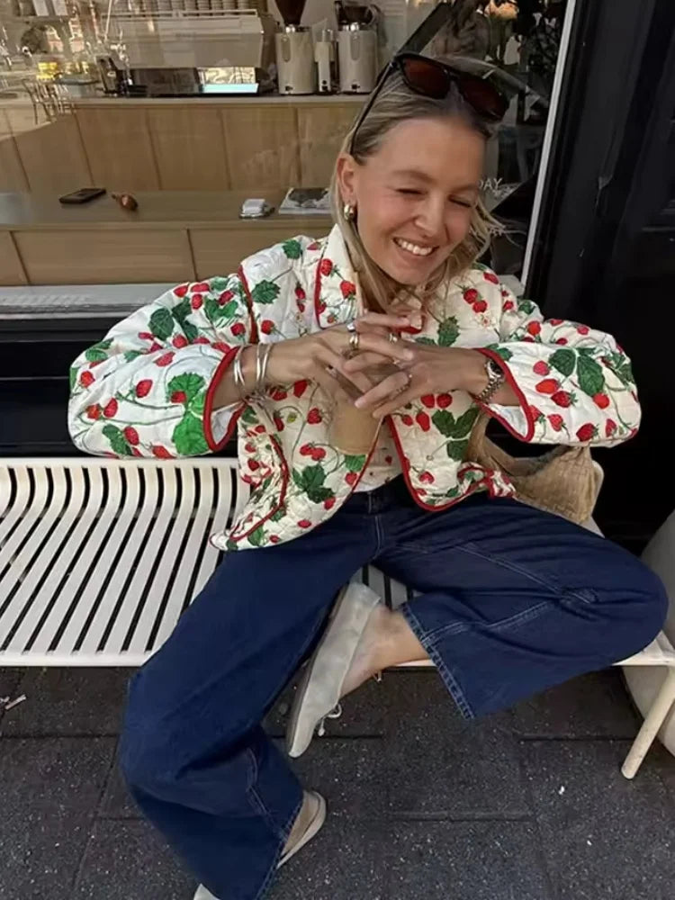 Strawberry Print Puffer Jacket