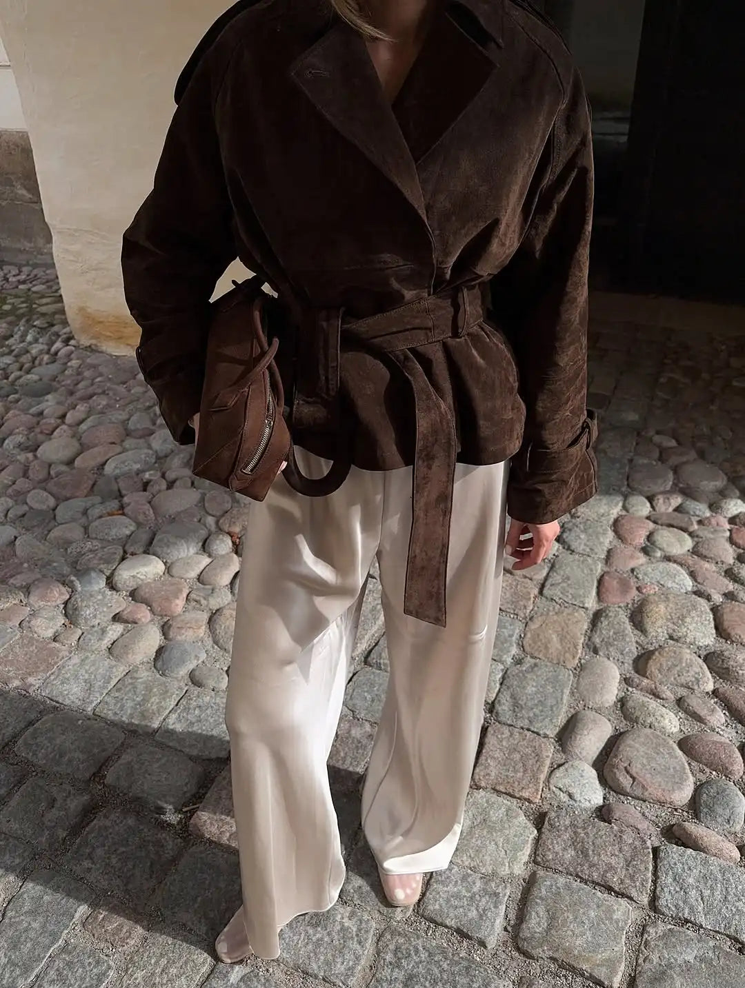 Brown Suede Cinched-waist Coat