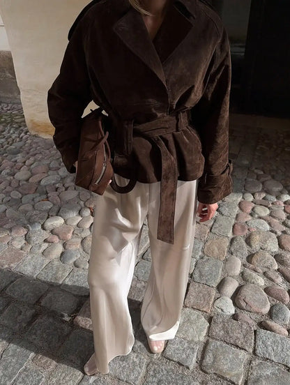Brown Suede Cinched-waist Coat