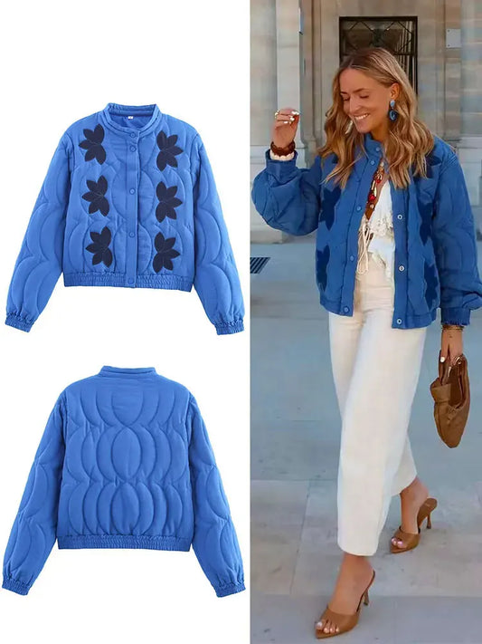 Quilted Floral Embroidery Bomber